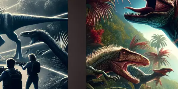 恐龙与人类在丛林中的追逐场景。